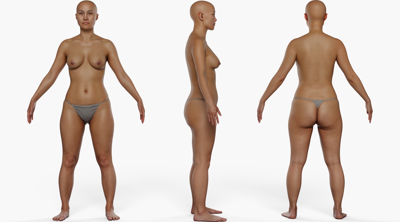 Full body 3D scan of a soft-figured female, retopologised quad mesh with smooth skin detail